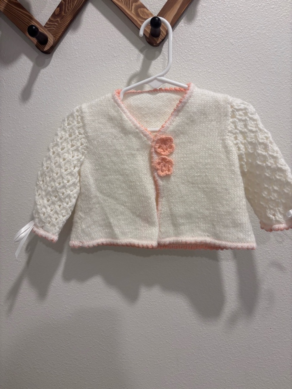 Baby Girl White Knit Cardigan with Pink Trim